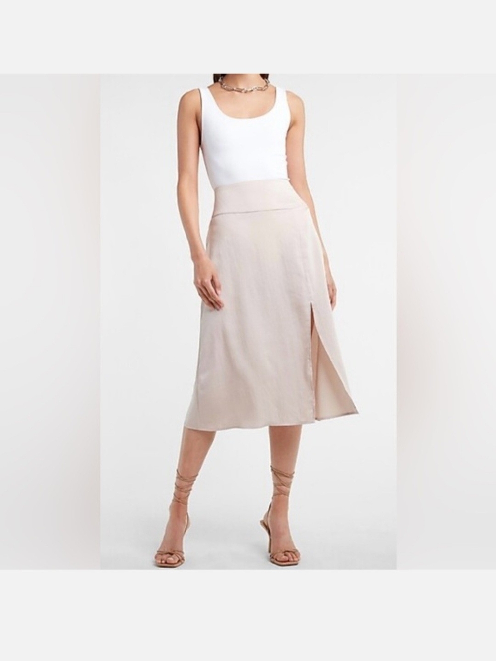 Express Pearl Ivory Satin Midi Slip Skirt with Side Slit